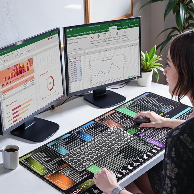 iCasso Excel Cheat Sheet Desk Pad, Excel Mouse Pad Shortcuts, Excell Short Cut Desk Mat, Extended Large XXL Non-Slip Exel Mousepad with Stitched Edges for Computer Keyboard(Colorful)