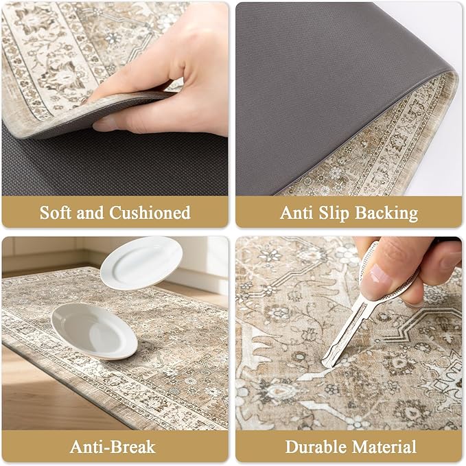 Pauwer Anti Fatigue Kitchen Mat Set of 3 Non Slip Kitchen Mats for Floor Cushioned Kitchen Rugs Comfort Standing Mat Farmhouse Waterproof PVC Foam Kitchen Floor Mat Runner, Beige