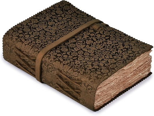 LEATHER VILLAGE Leather Bound Floral Embossed Journal for Women Men - 200 Pages, 6”X4”(A6), Brown - Book of Shadows, Vintage Blank Paper Travel Diary, Notebook for Writing, Drawing, Sketchbook