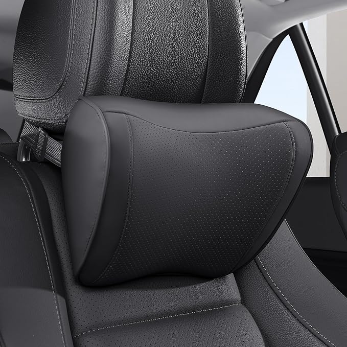 Car Headrest Pillow 100% Memory Foam, Breathable Removable Leather Cover, Premium Seat Support Head Neck Cushion for Driving Travel Home Office, Black, 1 Pack