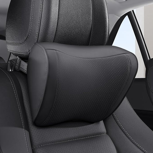 Car Headrest Pillow 100% Memory Foam, Breathable Removable Leather Cover, Premium Seat Support Head Neck Cushion for Driving Travel Home Office, Black, 1 Pack