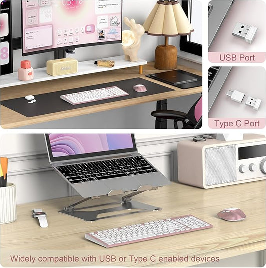 FENIFOX Wireless Keyboard and Mouse, Ergonomic Rechargeable Silent Quiet Slim Compact Full-Size USB C with Number Pad Flat Soft Cover for PC Computer Laptop Mac MacBook iMac Windows - Pink Rose Gold