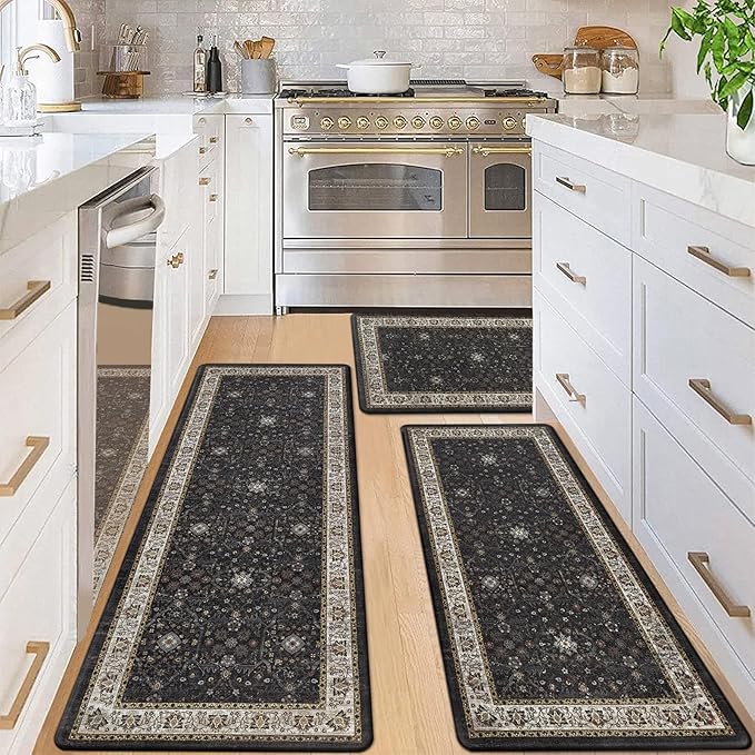 Pauwer Anti Fatigue Kitchen Mat Set of 3 Non Slip Kitchen Mats for Floor Cushioned Kitchen Rugs Comfort Standing Mat Farmhouse Waterproof PVC Foam Kitchen Floor Mat Runner, Black