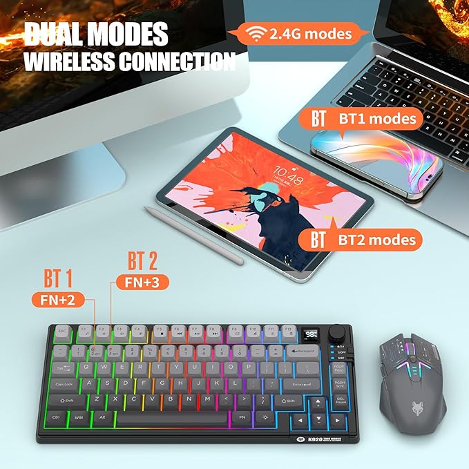 75% Wireless Gaming Keyboard and Mouse Combination, with Rechargeable Battery, Glowing Mechanical Feel Keyboard, Ergonomic RGB Optical Mouse, for Gaming/Business (Polar Day)