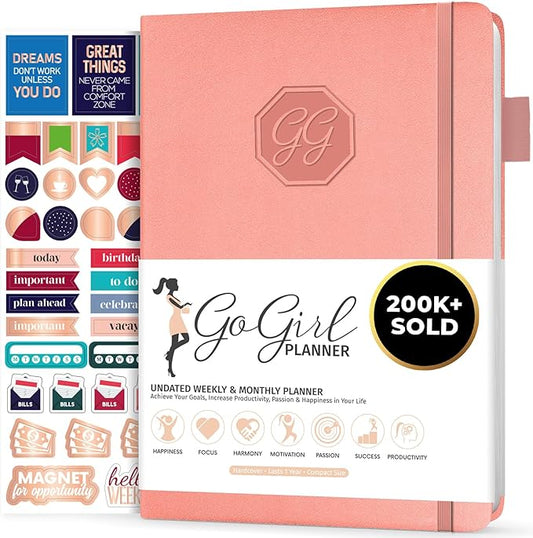 GoGirl Planner and Organizer for Women – Compact Size Weekly Planner, Goals Journal & Agenda to Improve Time Management, Productivity & Live Happier. Undated – Start Anytime, Lasts 1 Year – Peach Pink