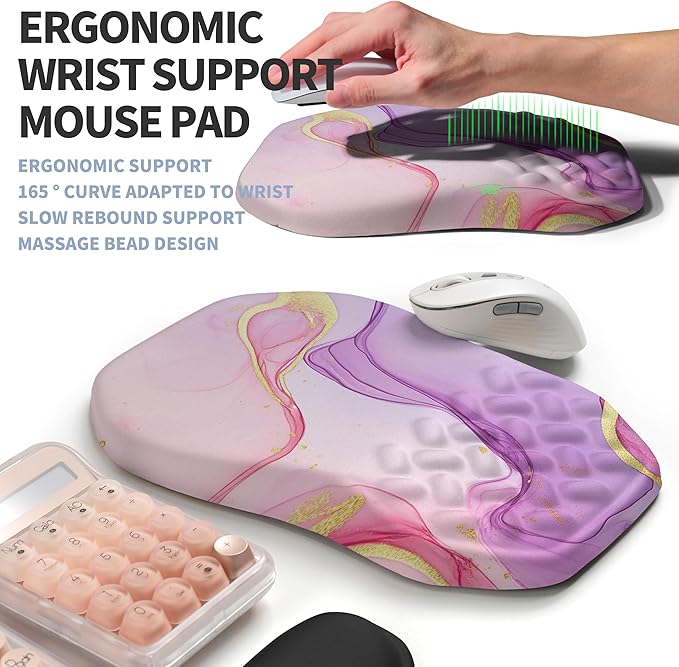 2-in-1 Ergonomic Set, Wave Keyboard Wrist Rest and Massage Slope Mouse Pad Wrist Support, Rebound Memory Foam for Relieve Carpal Tunnel Syndrome and Wrist Pain (Pink Purple Marble)