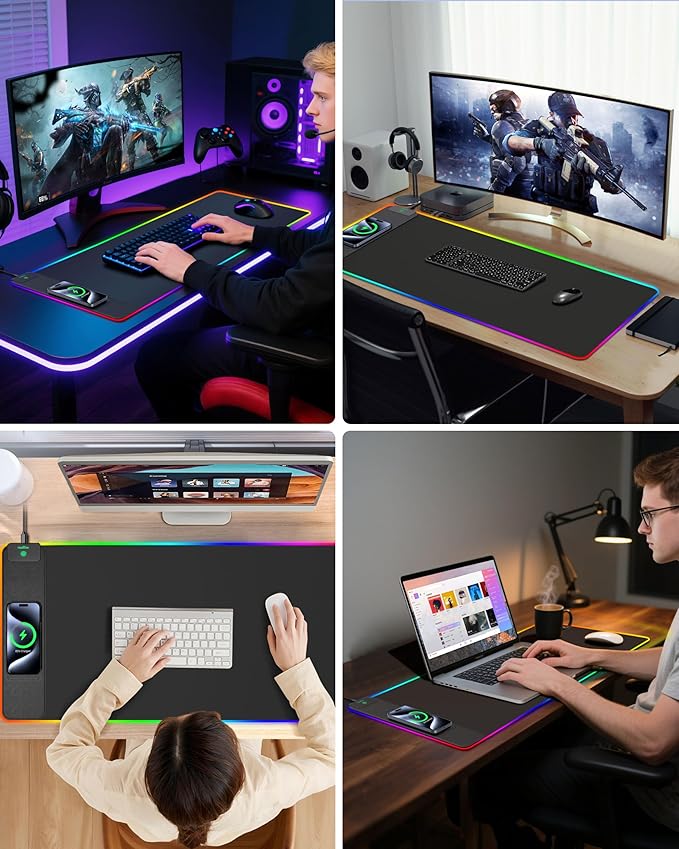 Wireless Charging Mouse Pad, RGB Gaming Desk Mat, 31.5"x15.7" Large XXL Desk Pad, 15 Lighting Modes, Ultra-Smooth Surface, Non-Slip Mouse Mat, Waterproof Computer Keyboard Pad for Desk, Office, Black