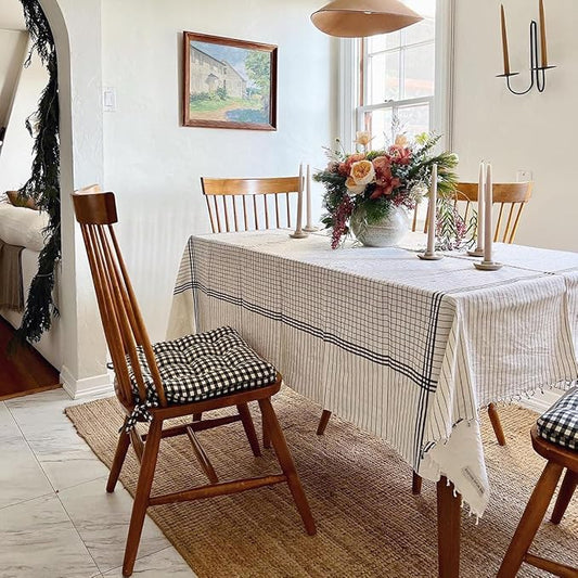 Barnett Home Decor Farmhouse Check Black and White Dining Chair Pad with Ties - 16.5 x 18 Size Medium Chair Cushion - Latex Foam Fill - 100% Cotton, Made in USA - (Black White)