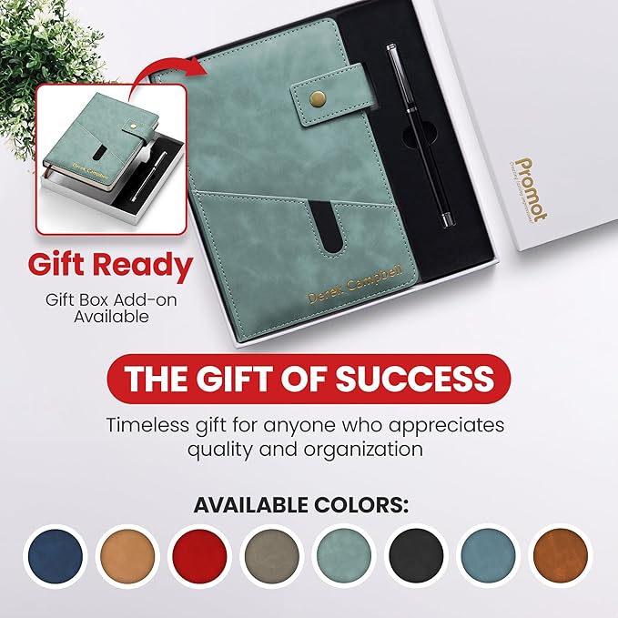 Promot Personalized Notebook - A5 Lined Leather Bound Journal for Writing Women Men - Hardcover Executive Notebook, Daily Journal, Travel Diary, Gift Idea, Custom Embossed Text with Gold Metallic Foil