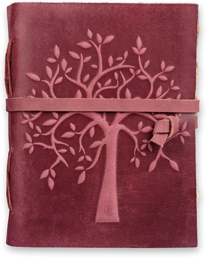 LEATHER VILLAGE Tree of Life Journal - 13 X 8 inches - Fuchsia - 200 Antique Deckle Edge Handmade Paper – Book of Shadows - Vintage Leather Bound Journal for Women & Men