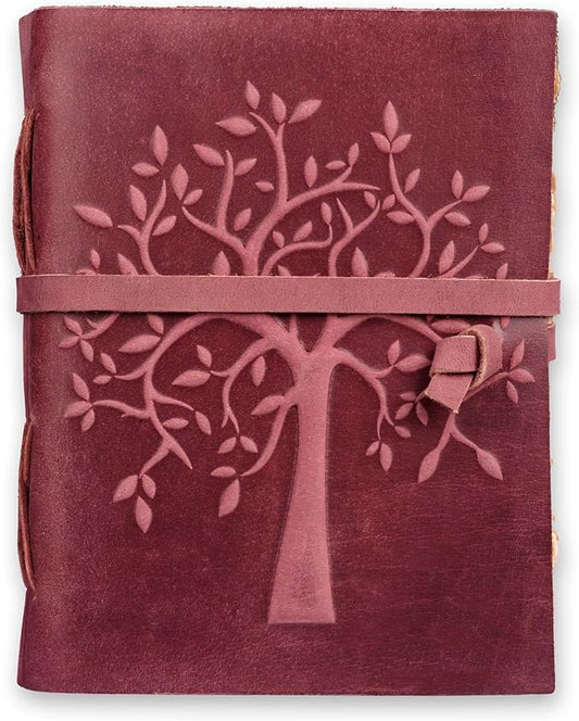LEATHER VILLAGE Tree of Life Journal - 13 X 8 inches - Fuchsia - 200 Antique Deckle Edge Handmade Paper – Book of Shadows - Vintage Leather Bound Journal for Women & Men