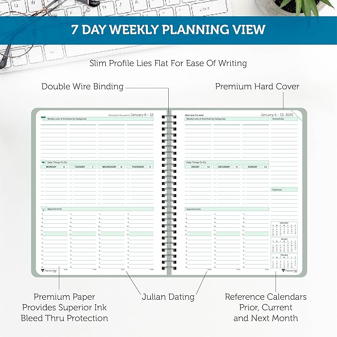 Planner Pad Spiral Bound January-December 2025/ Calendar Year 6 3/4" x 8 1/2" Medium 3-Tier Funnel Down 12 Month Organizer, Greenish Grey Cover/Soft Green Ink