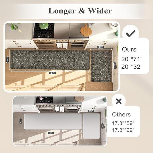 KIMODE Kitchen Mat for Floor Cushioned Anti Fatigue, 20"x71"+20"x32" Farmhouse Kitchen Rugs Sets of 2, Non Slip Waterproof Kitchen Floor Mat, Standing Mat for Sink Laundry Office Desk Green/Grey