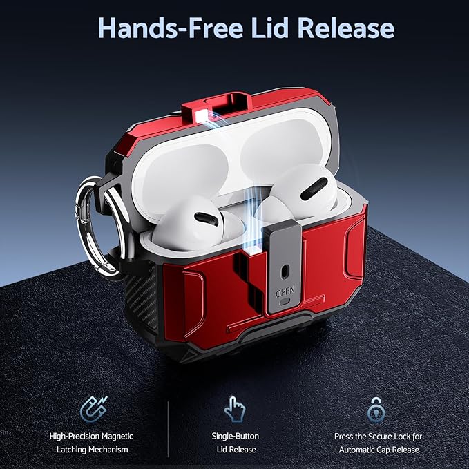 DASFOND Armor Earphone Cover Case for Airpods Pro 2, Military Grade Full Body Shockproof Protection Hard Case, Support Wireless Charging with Keychain, Magnetic Lid, Front LED Visible, Red