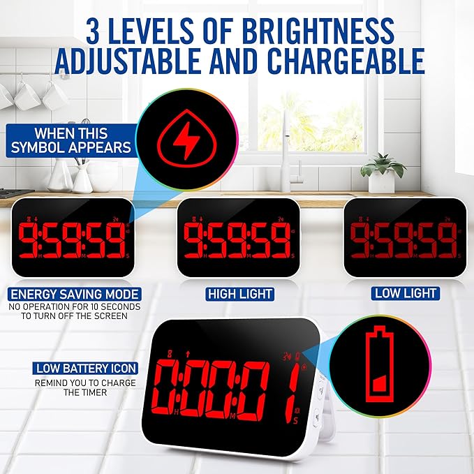 KMMKGGKitchen Timer（1.5" Number） Large Digital Magnetic Timer, Rechargeabilit, Countdown and Countup, 3 Brightness Display, 3 Volume Levels and Vibration Mode, for Cook, Adults Study Teaching(RED)