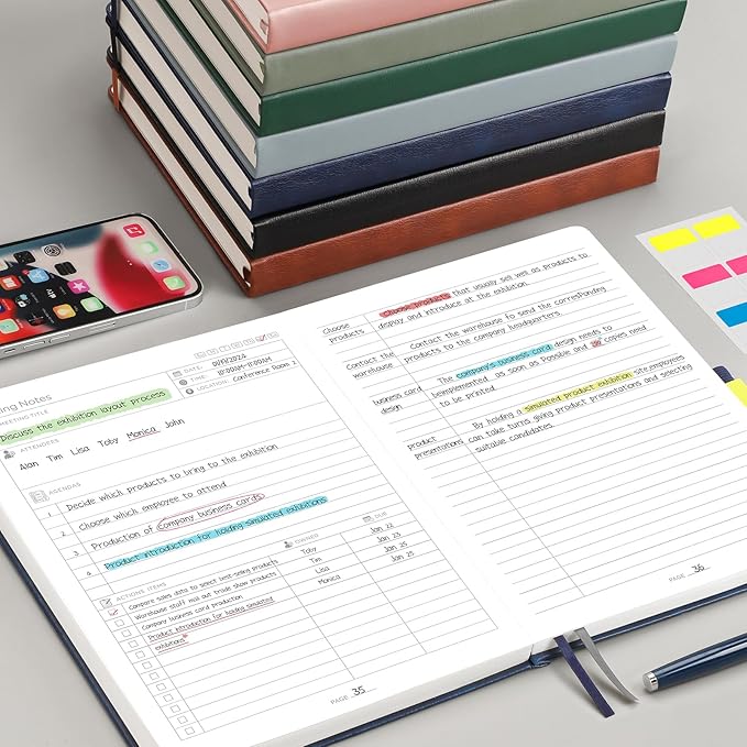 EMSHOI Meeting Notebook for Work with Action Items - 320 Pages B5 Thick Project Planner Agenda Organizer Work Notebook for Women Men Office Business, PU Leather Hardcover, 7.5" x 10", Gray Blue