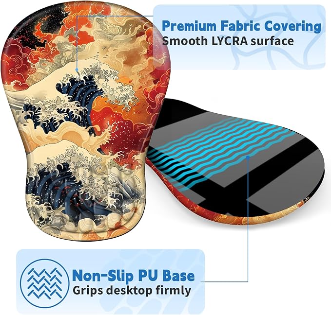 Ergonomic Mouse Pad with Wrist Rest Support, Mousepad with Comfortable Memory Foam Wrist Rest and Non-Slip PU Base for Pain Relief, Computer, Laptop, Office, Home (Waves)