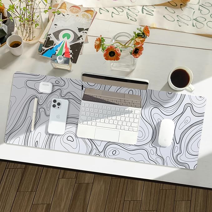 Waterproof Large Gaming Mouse Pad with Durable Stitched Edges, Non-Slip Rubber Base, Smooth Surface Mouse Mat Desk Pad for Home Office Gaming, 31.5"x11.8"x0.12", White Topographic Map