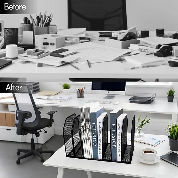 Adjustable Desk File Organizer,Detachable Office Folder Organizer,Compact Vertical Desk File Holder,Wrought Iron Paint,Suitable for Home, School, Office Classrooms (Black - 7 grids)