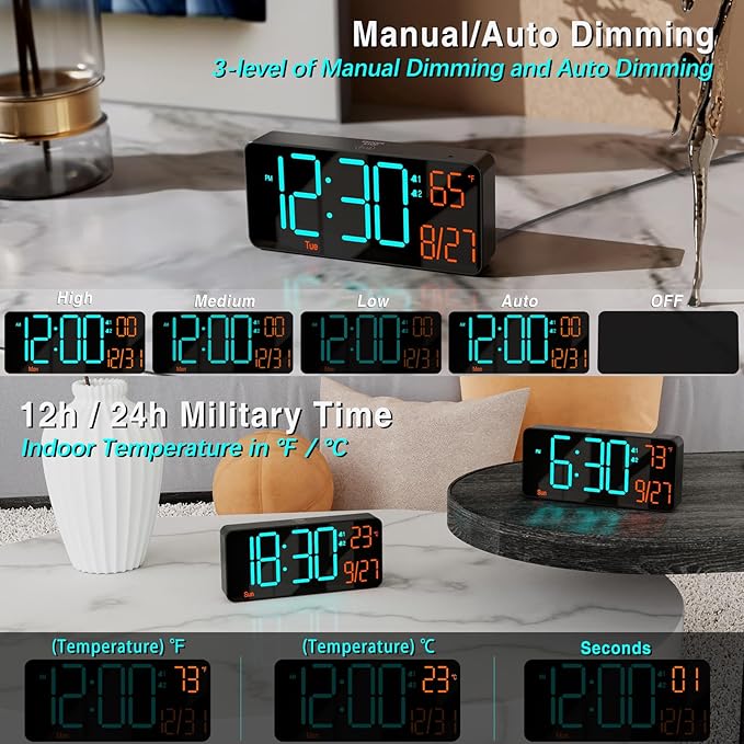 KOSUMOSU Digital Clock for Bedroom 6.7in Alarm Clocks for Living Room, Auto Dimming,Date,Week,Seconds,Indoor Temperature, Small Digital Alarm Clock for Classroom,LED Alarm Clocks for Bedrooms