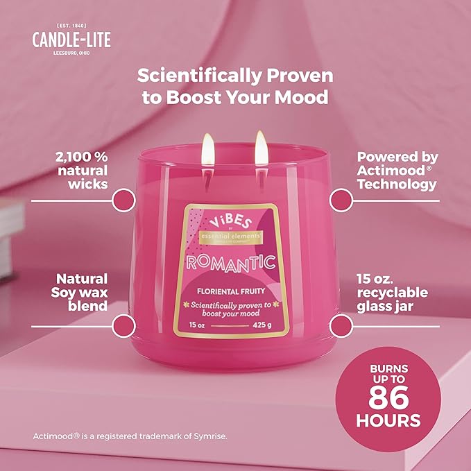 Candle-Lite Vibes Floriental Fruity Mood-Enhancing Scented Candles, 15 oz Jar, Aromatherapy, Proudly Poured in The USA, 2-Wick, 86 Hours Burn Time, Perfect Relaxation Gift