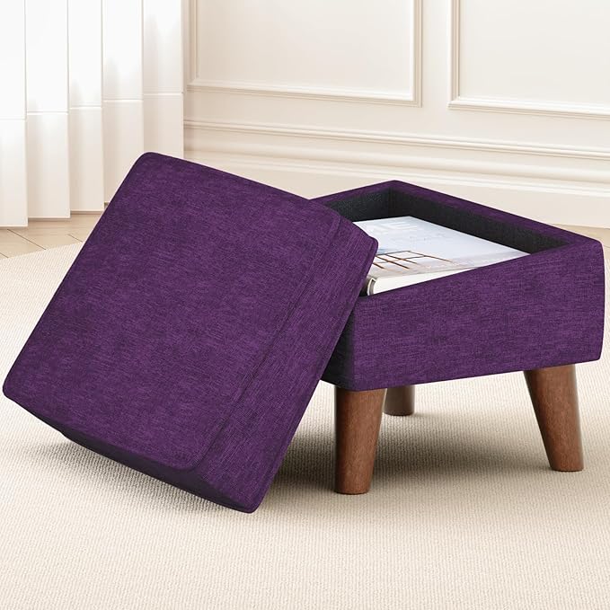 Storage Ottoman, Small Foot Stool Ottoman with Storage, Modern Foot Rest with Adjustable Lid and Sturdy Wood Legs for Living Room, Bedroom, Couch, Enterway(Purple)