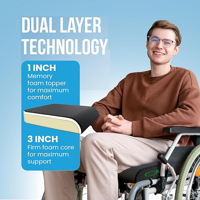 Extra Large Wheelchair Seat Cushion - for Sciatica and Lower Back Pain Relief, Anti-Slip, Removable Strap, Coccyx Pain Relief, 19” X 17” X 3” (Black)