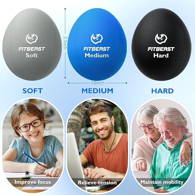 FitBeast Stress Balls for Adults, 6-Pack Hand Therapy Balls, Soft, Medium, Hard Tri-Density, Green, Orange, Blue