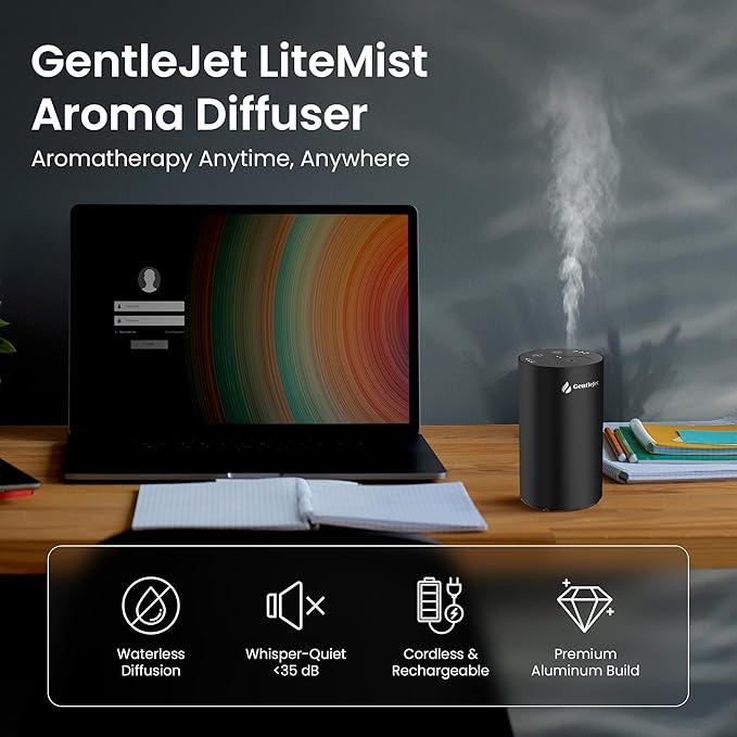 LiteMist Waterless Essential Oil Diffuser - Aluminum Aromatherapy Oil Diffuser, Rechargeable USB-C Scent Diffusers for Home, Car & Office, Quiet Operation, 0.35oz/0.7oz Bottle Capacity