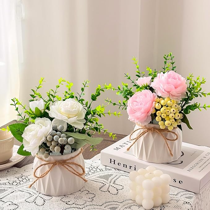 Faux Flowers with Vase, 2pcs Small White Artificial Flowers Arrangement, Potted Plants,Decoration for Bathroom Home Party Office Desk Wedding,Coffee Table Decor (White/Pink)