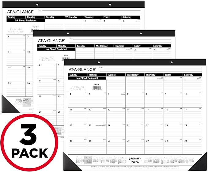 AT-A-GLANCE 2026 Desk Calendar, Desk Pad, Monthly, 21-3/4" x 17", Large, Ruled Blocks, 3 Pack (AZSK240026)