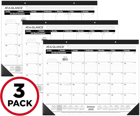 AT-A-GLANCE 2026 Desk Calendar, Desk Pad, Monthly, 21-3/4" x 17", Large, Ruled Blocks, 3 Pack (AZSK240026)