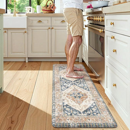 KIMDOE Anti Fatigue Kitchen Mat Kitchen Rugs Non-Skid Waterproof Kitchen Runner Rug Foam Standing Mat for Kitchen Decor,Floors,Laundry,Blue and Gold