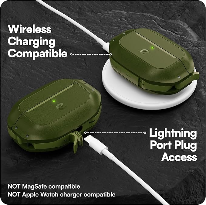 Keybudz for AirPods Pro Case with Lock - Fully Waterproof AirPods Pro 2nd Generation Case Cover - Keychain, Rugged Tough Protection, Hard Shell and Carabiner for USB-C/Lightning (Forest Green)