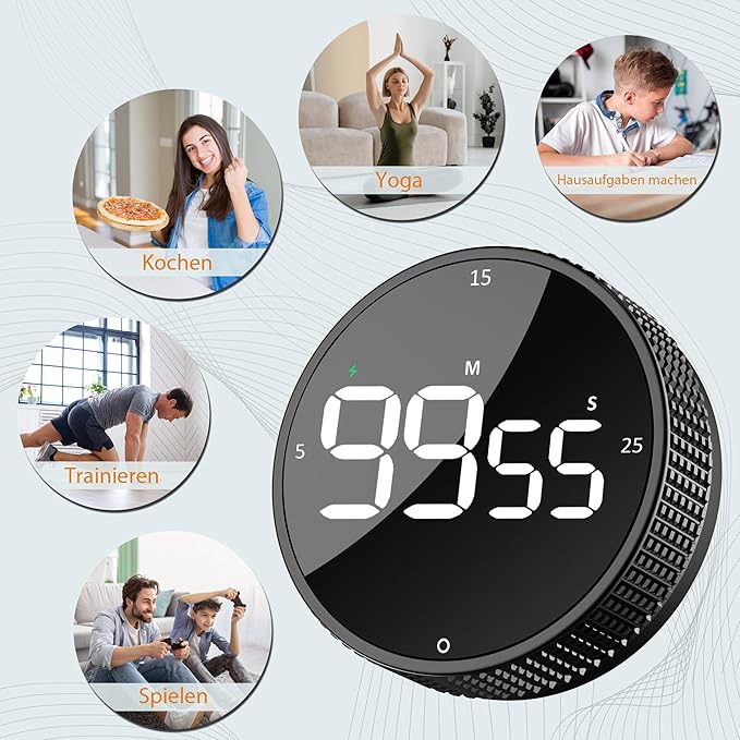 Rechargeable Magnetic Digital Kitchen Timer-Loud Alarm Visual Productivity Timer&Pomodoro Timer with Large LED Display,3 Presets(5/15/25min),3 Volume Levels.Ideal for Cooking Fitness&Office Use