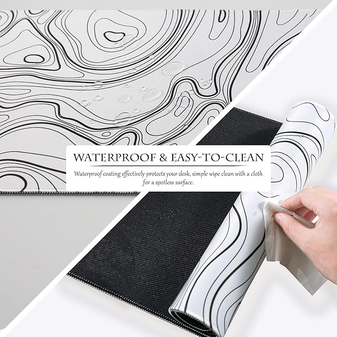 ALOANES Waterproof Mouse Pad with Durable Stitched Edge, XL gaming Keyboard Pad, Non-Slip Rubber Base, Extended Desk pad for Gamer, Office & Home, White Topographic Map Mousepad 31.5''x 11.8''x 0.12''