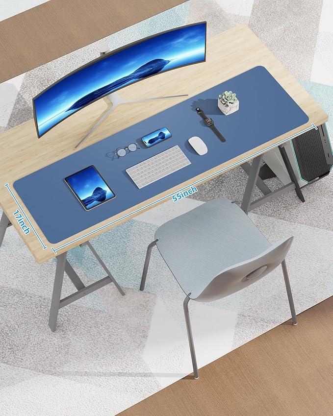 AFIING Leather Desk Pad Protector,Mouse Pad,Office Desk Mat, Non-Slip PU Leather Desk Blotter,Large Desk mat,Waterproof Keyboard mat for Office/Home/Decor (Grey Blue,55"" x 17"")