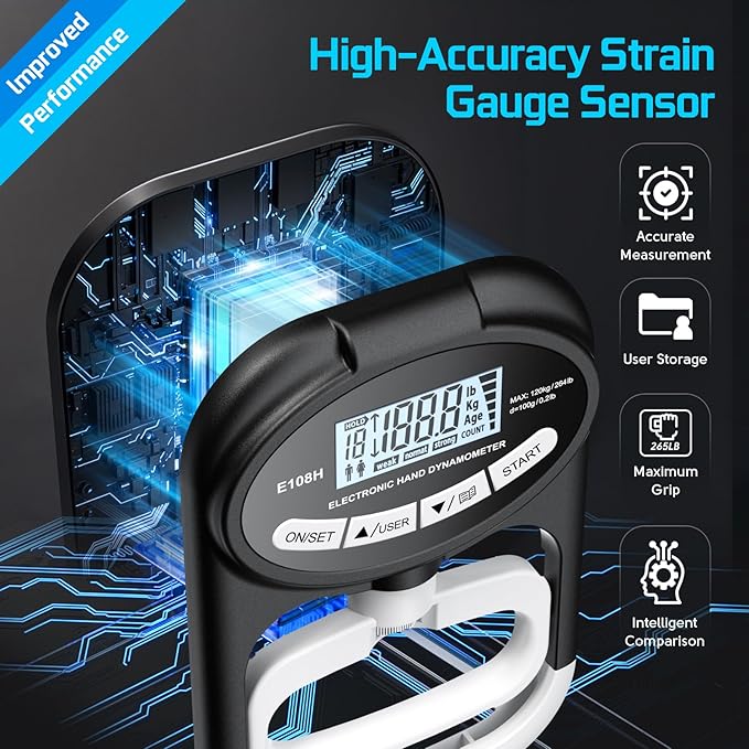 Grip Strength Tester Hand Dynamometer - Grip Strength Trainer Electronic Hand Gripper Strengthener Wrist Exerciser Meter Digital Training Gauge 265 Lbs / 120 Kgs for Sport School Home Use