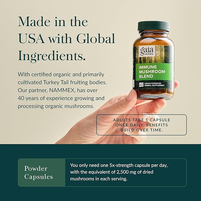 Gaia Herbs Immune Mushroom Blend - Immune Support Mushroom Supplement for Year-Round Health* - with Reishi, Cordyceps, Turkey Tail, Shiitake, and Chaga Mushrooms - 40 Vegan Capsules (40-Day Supply)