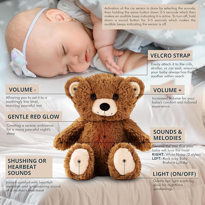 Gemma Joy Baby Sleep Soother Brown Bear for Baby – Cry Activated Heartbeat Stuffed Animal – Rechargeable Crib Soother with White Noise, Shush, Lullabies & Night Light – Newborn Essentials Must Haves