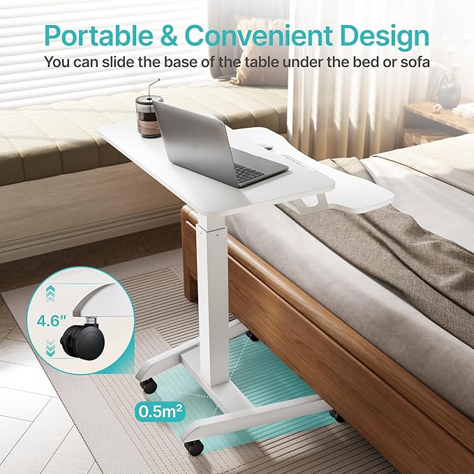 Standing Rolling Desk-Height Adjsutable up to 47.2' Rolling Podium for Teachers, 31.2'× 27.5' Dual Tier Sanding Desk for Classroom, Moveable Laptop Cart, Teacher Podium with Wheels, White