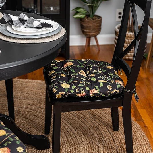 Barnett Home Decor Nassau Black Floral Dining Chair Pad with Ties - Medium Size 18 Chair Cushion - Latex Foam Fill - Machine Washable, Reversible, 100% Cotton, Made in USA, Colonial Williamsburg