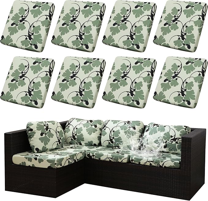 8Pcs Stretch Patio Cushion Covers Outdoor Cushion Cover, Jacquard Stretch Cushion Covers, Cover Replacement, Outdoor Sofa Covers, Washable Furniture Couch Cushion Cover (Green Vine)