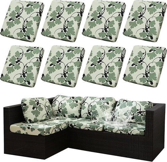 8Pcs Stretch Patio Cushion Covers Outdoor Cushion Cover, Jacquard Stretch Cushion Covers, Cover Replacement, Outdoor Sofa Covers, Washable Furniture Couch Cushion Cover (Green Vine)