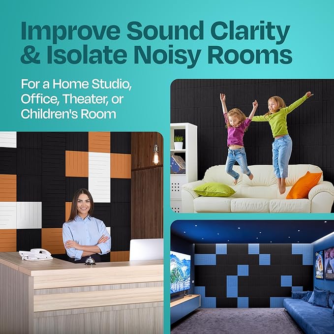 Acoustic Panels 12-Pack Soundproof Wall Panels 12"x12"x0.4" Decorative Sound Dampening for your Home, Office, Studio, Bedroom & More with Unique LineWave Carving [Deep Black]