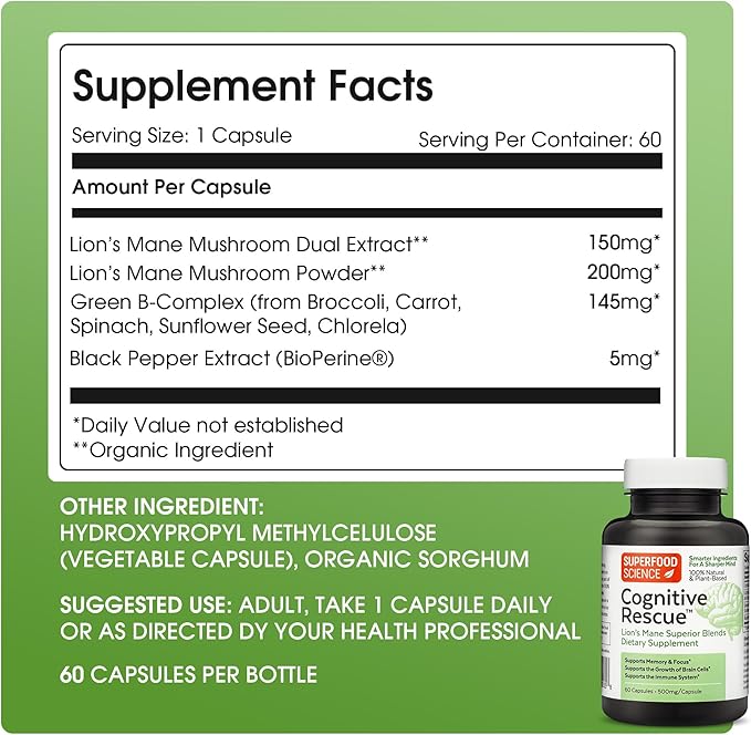 Cognitive Rescue, Lion's Mane Mushroom Capsules w/ Lion's Mane Dual Extract, Nootropics, Brain Supplement for Memory and Focus, Mushroom Immune Support w/ B Vitamins Complex, BioPerine, 60 capsules