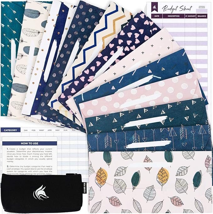 Clever Fox Cash Envelopes for Budgeting System – Budget Envelopes for Cash Budgeting and Saving, Tear and Water Resistant, Includes Carry Pouch & 12 Expense Tracking Budget Sheets, 12 Pack - Chic