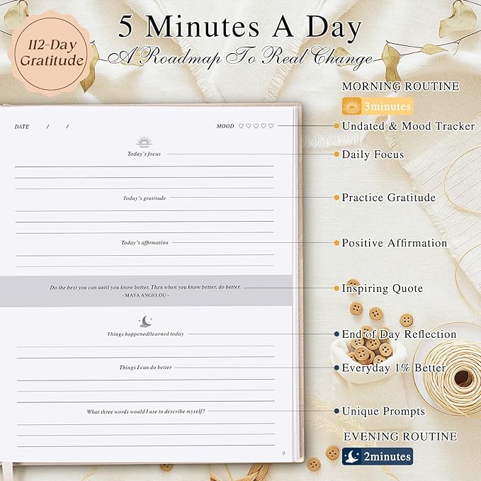 Lanpn Daily Gratitude Journal for Men Woman, The 5 Minute Gratitude Diary with Prompts, Linen Mindfulness Affirmation Positivity Planner, 156 Page Better Every Day Reflection Guided Notebook, Grey