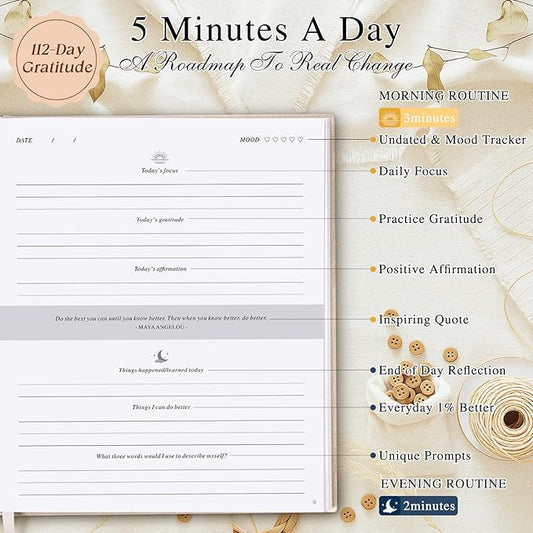 Lanpn Daily Gratitude Journal for Men Woman, The 5 Minute Gratitude Diary with Prompts, Linen Mindfulness Affirmation Positivity Planner, 156 Page Better Every Day Reflection Guided Notebook, Grey