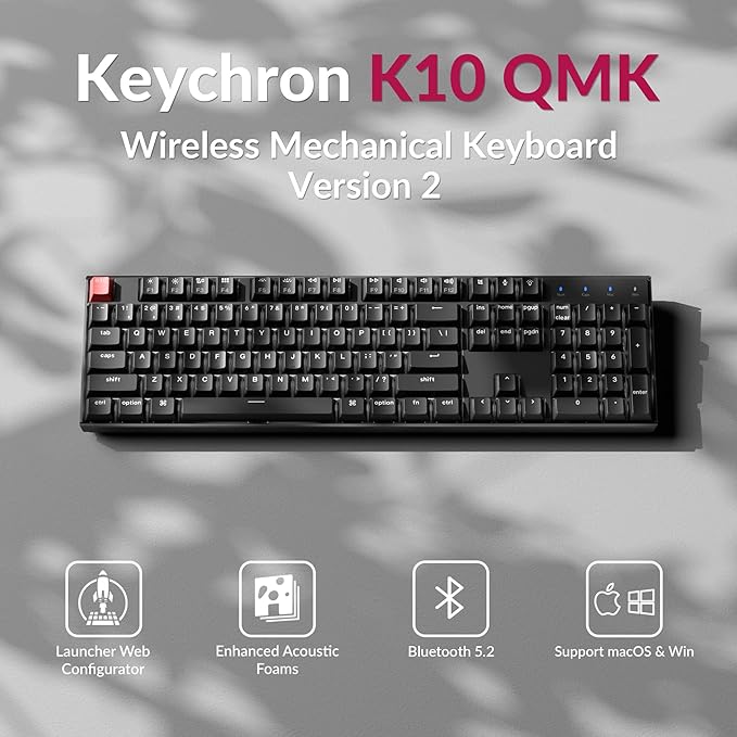 Keychron K10 Full Size Layout White LED Backlit Hot-Swappable Mechanical Keyboard for Mac Windows, 104-Key Bluetooth Wireless/USB Wired Computer Keyboard with Keychron Super Brown Switch(Version 2)